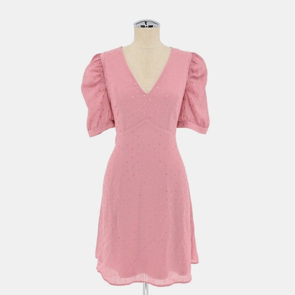 Express Dresses & Skirts - Express Metallic Clip Dot Dress Sz M Pink Gold Puff Sleeve Coquette Ballet Retro